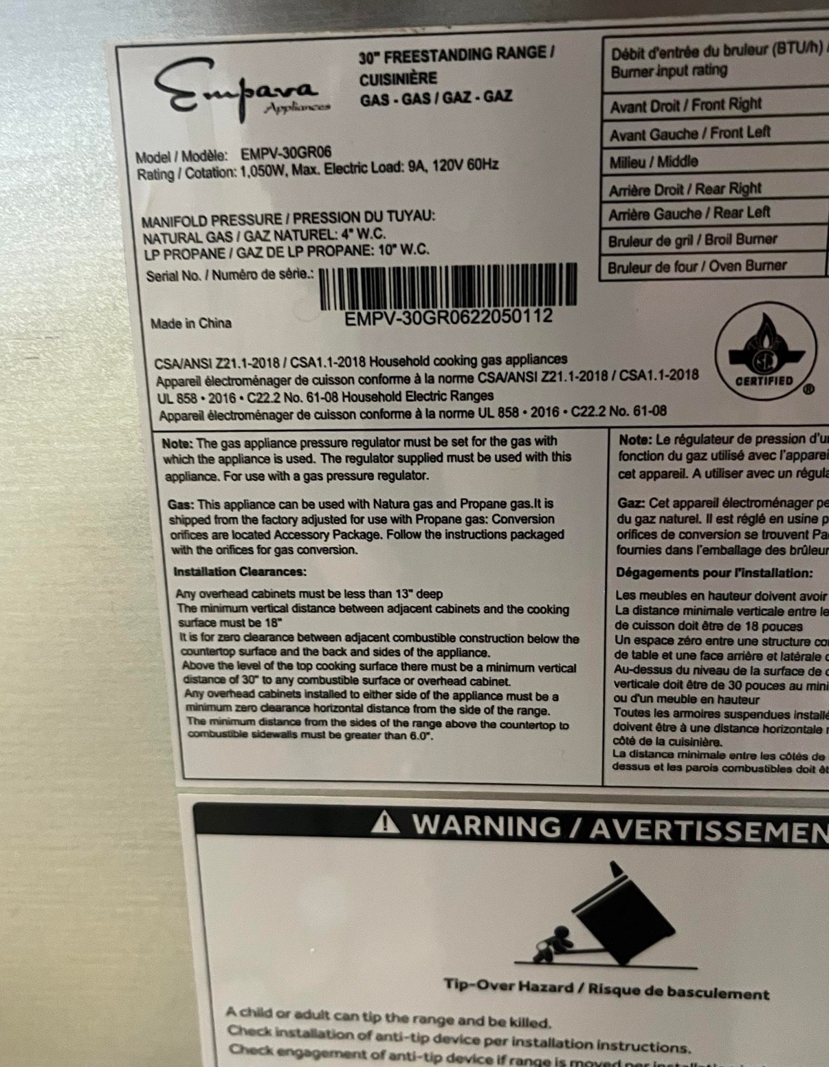 Empava model label — used to identify and order the correct OEM replacement igniter