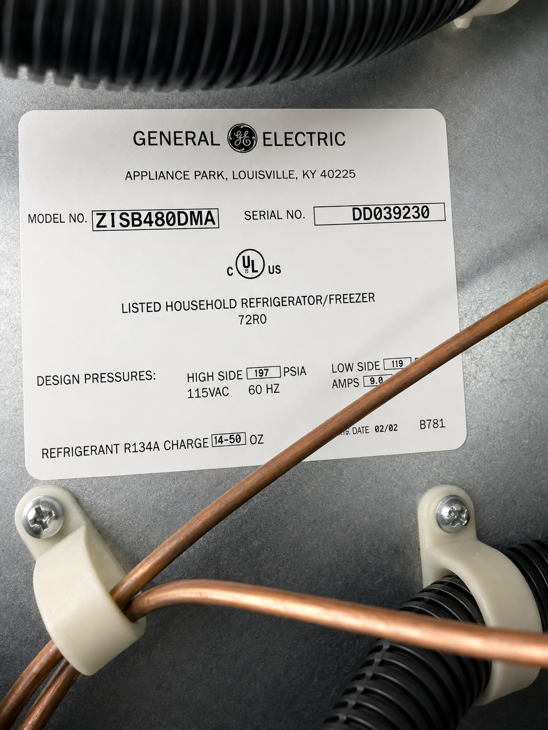 GE Monogram ZISB480DMA model label showing model number, serial number, and refrigerant specifications — Englewood, CO