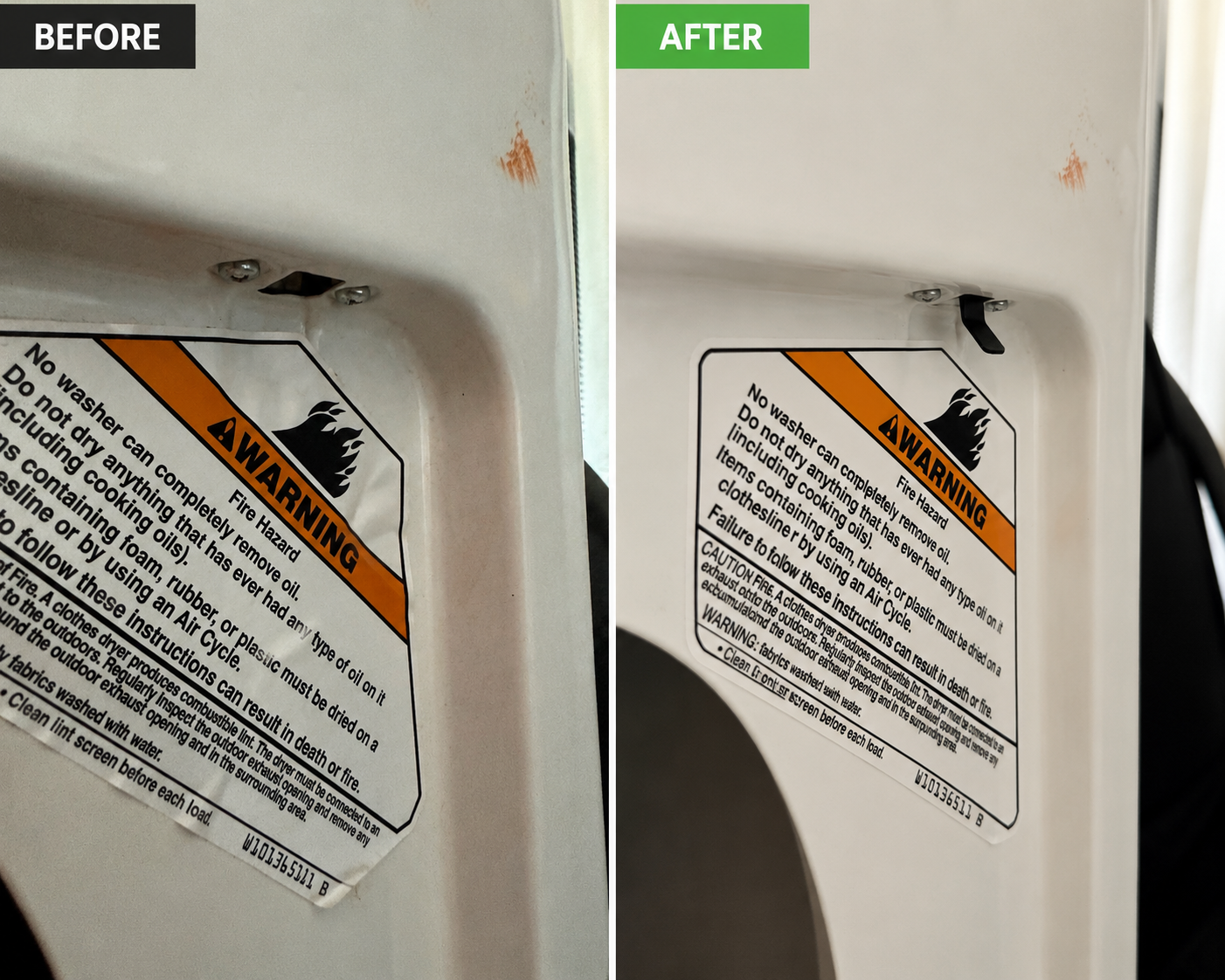 Before and after — broken Kenmore dryer door switch replaced with OEM Whirlpool Part WP3406107 — Highlands Denver