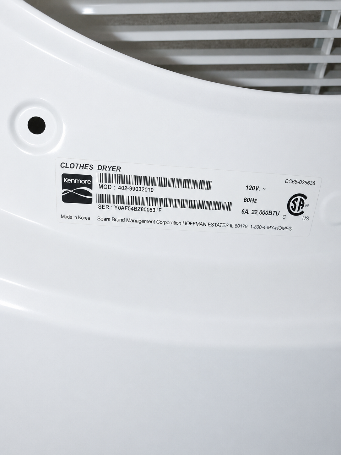 Kenmore 402-99032010 dryer model label — Highlands, Denver
