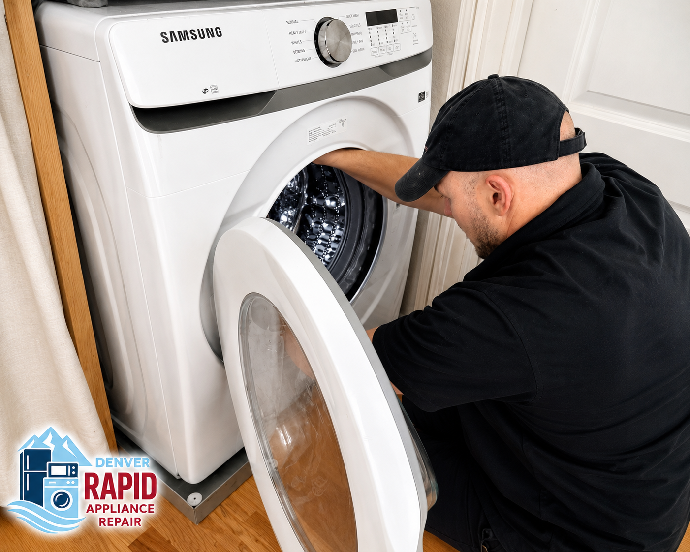 Technician inspecting the Samsung front-load washer door