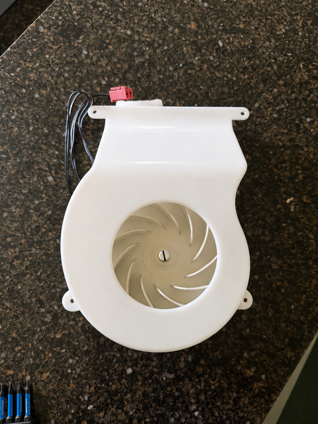 Replacement evaporator fan motor assembly with blower housing and wiring connector — Thermador refrigerator repair Holly Hills Denver
