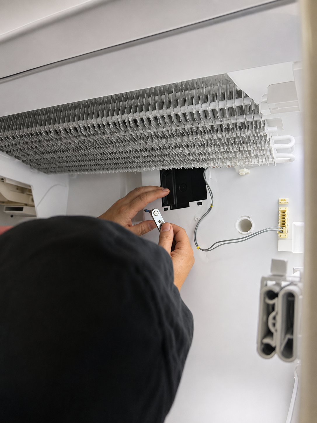 Technician installing evaporator fan motor inside Thermador built-in refrigerator — Holly Hills, South Denver, CO
