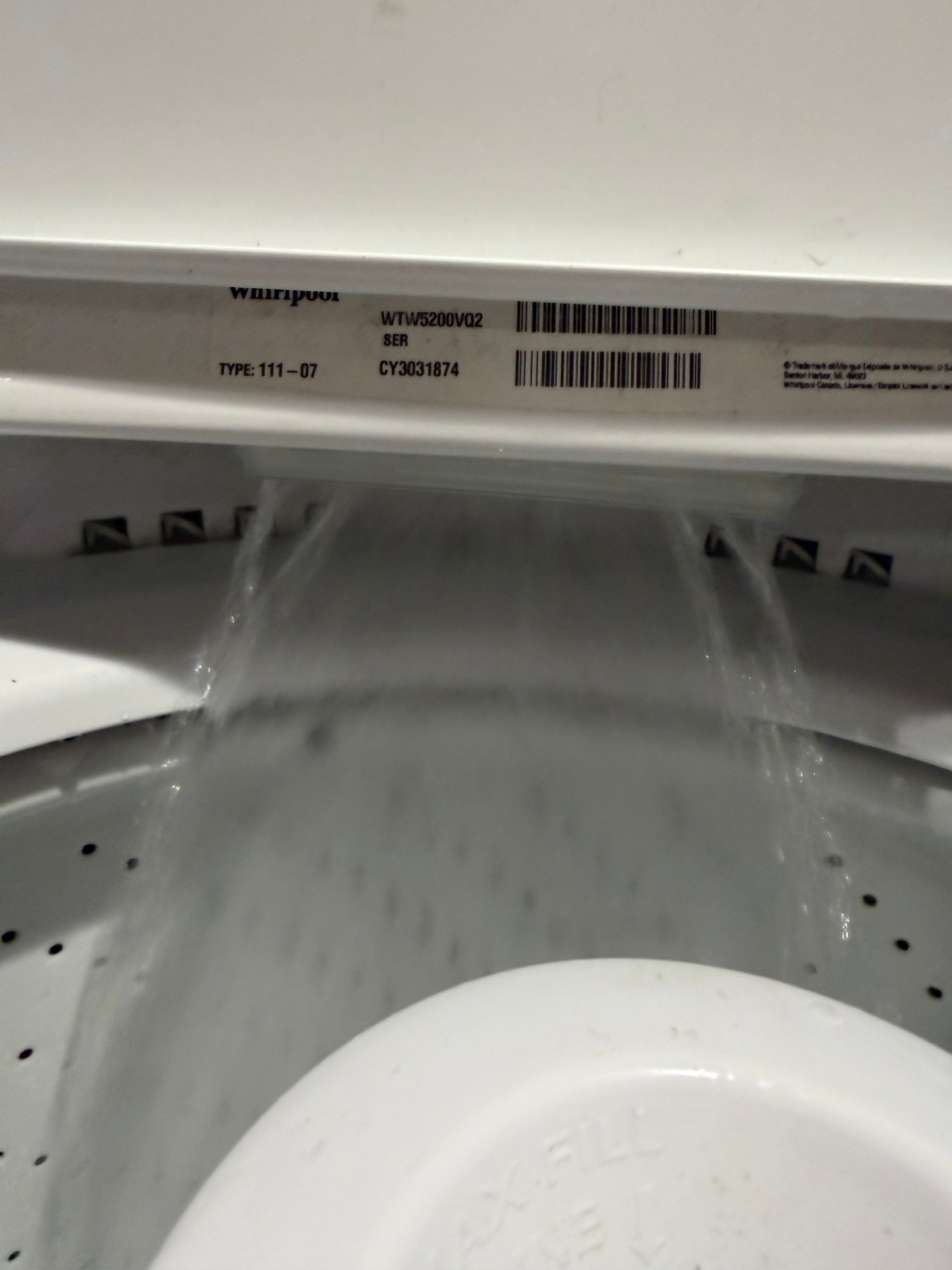 Whirlpool washer model label showing WTW5200VQ2