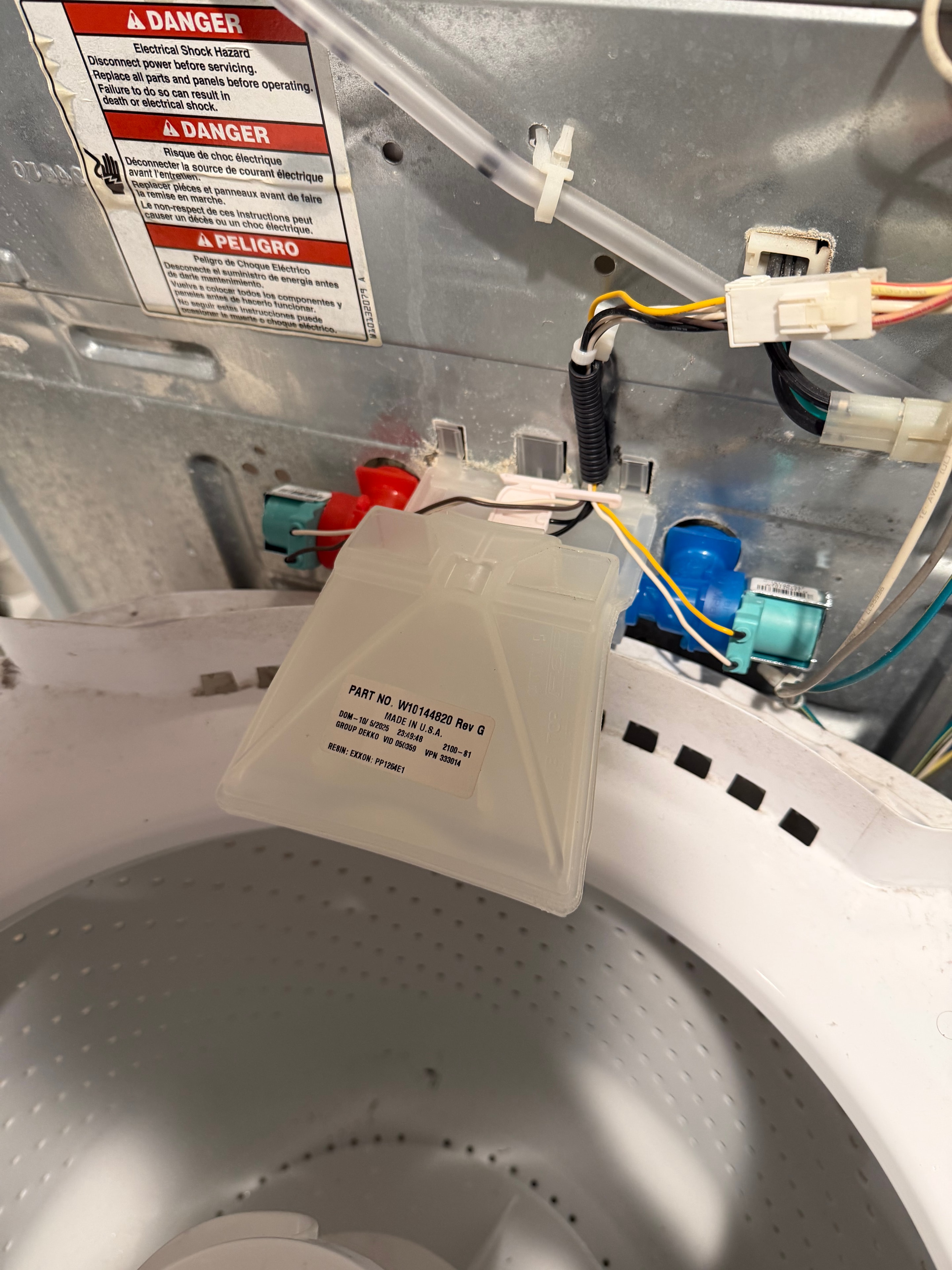 New WPW10144820 water inlet valve installed in Whirlpool WTW5200VQ2 washer